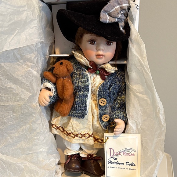 Heirloom Doll with Blue Sweater and Black Hat - Picture 1 of 1